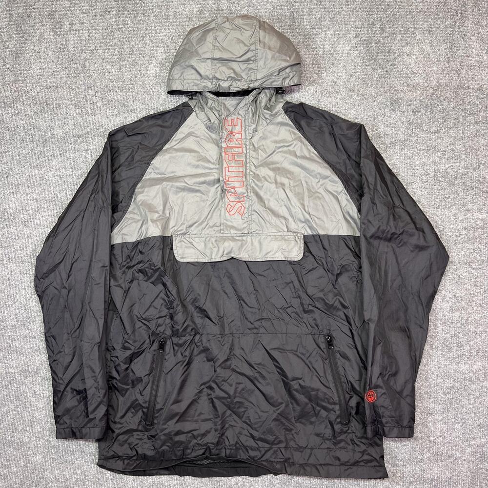 Spitfire Jacket Mens XL Black Gray Hooded Anorak Windbreaker Skateboarding Logo